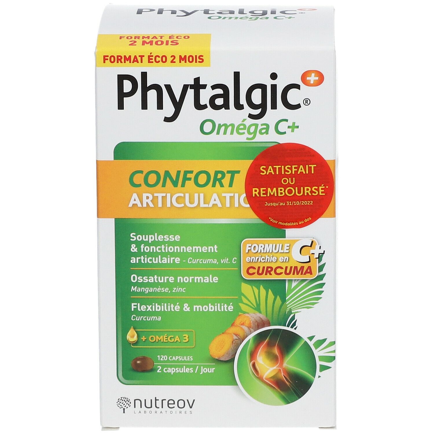 Face avant de la boîte Nutreov Physcience Phytalgic® Oméga C+. Nom du produit, logo et informations d'utilisation.