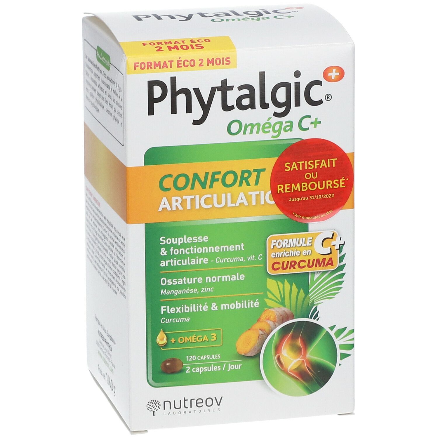 Face avant de la boîte Nutreov Physcience Phytalgic® Oméga C+. Nom du produit, logo et informations d'utilisation.