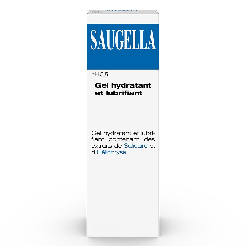 Witte tube met blauw SAUGELLA-logo. Tekst: Gel hydratant et lubrifiant. Opschrift: pH 5,5.