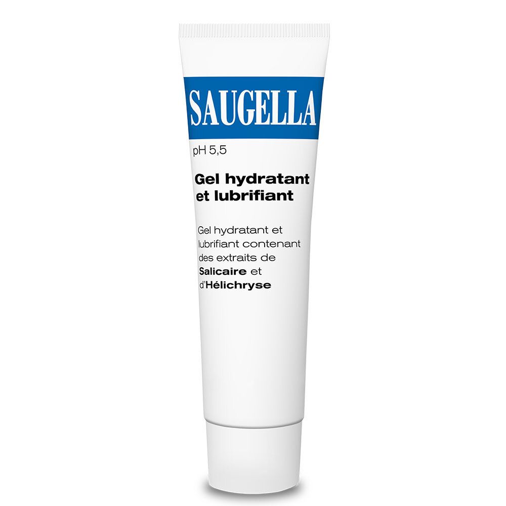 Witte tube met blauw SAUGELLA-logo. Tekst: Gel hydratant et lubrifiant. Opschrift: pH 5,5.