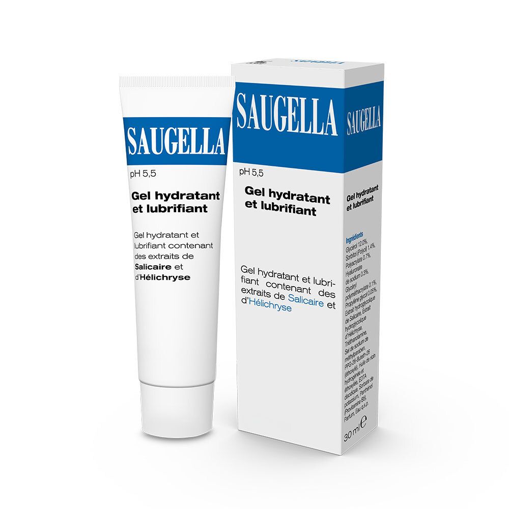 Product en verpakking. Witte tube en doos met blauw SAUGELLA-logo. Tekst: Gel hydratant et lubrifiant. pH 5,5.
