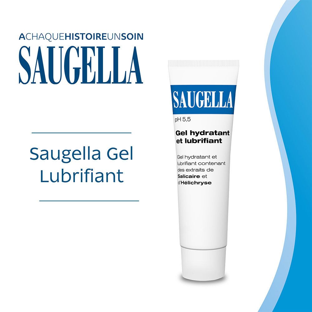 Witte tube met blauw SAUGELLA-logo. Tekst: Gel hydratant et lubrifiant. Opschrift: pH 5,5. Blauwe achtergrond.