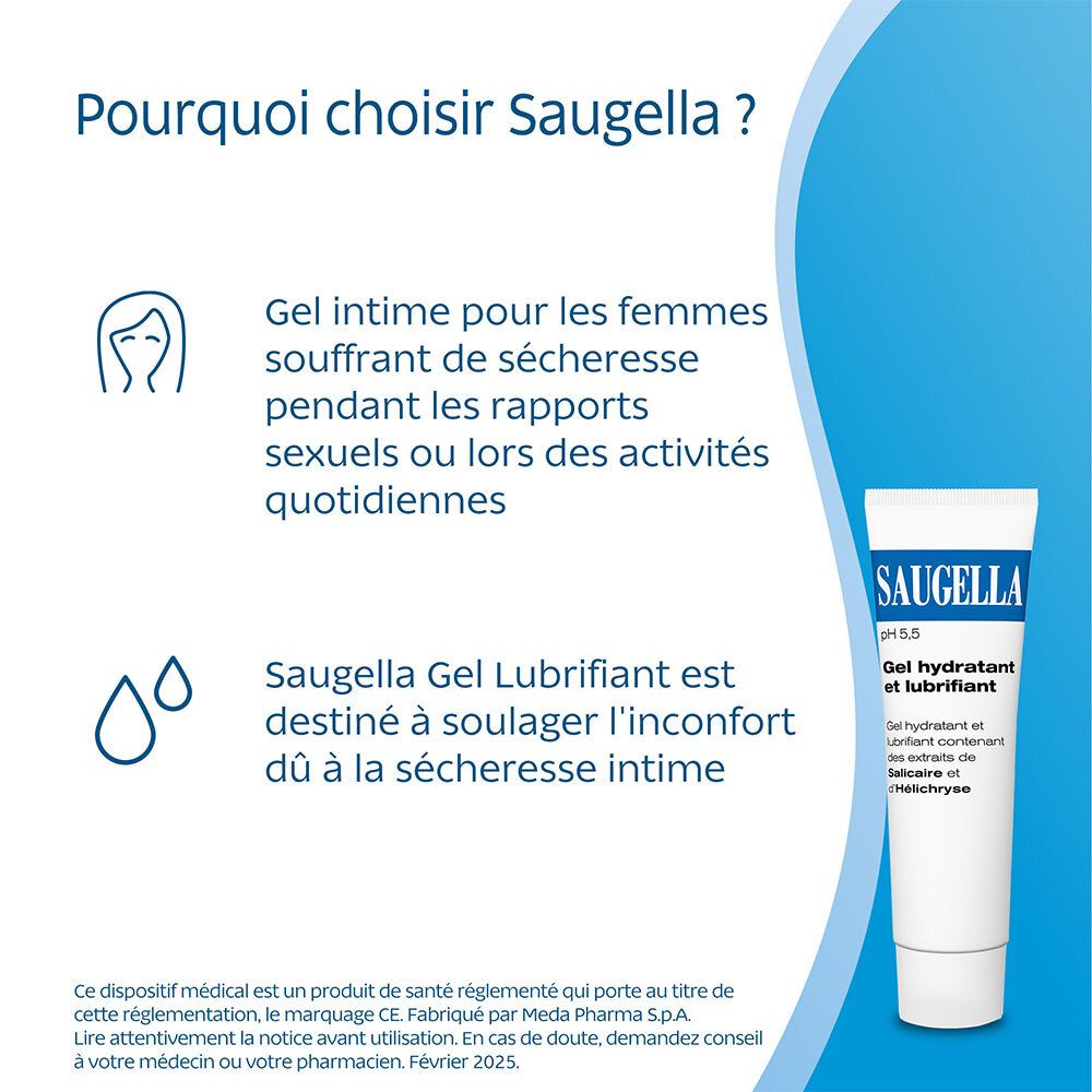 Witte tube met blauw SAUGELLA-logo. Tekst: Gel hydratant et lubrifiant. Opschrift: pH 5,5. Blauwe achtergrond.