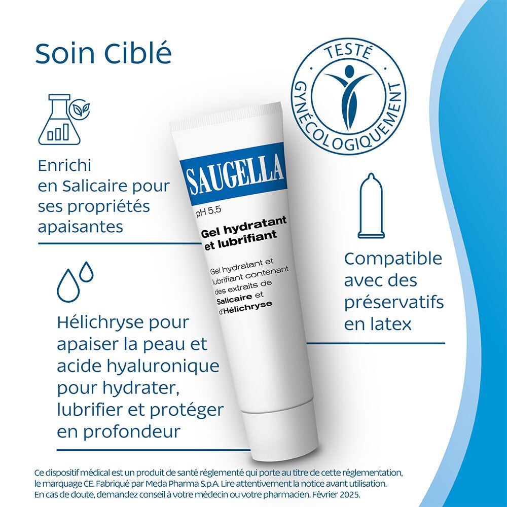 Witte tube met blauw SAUGELLA-logo. Tekst: Gel hydratant et lubrifiant. Opschrift: pH 5,5. Blauwe achtergrond.