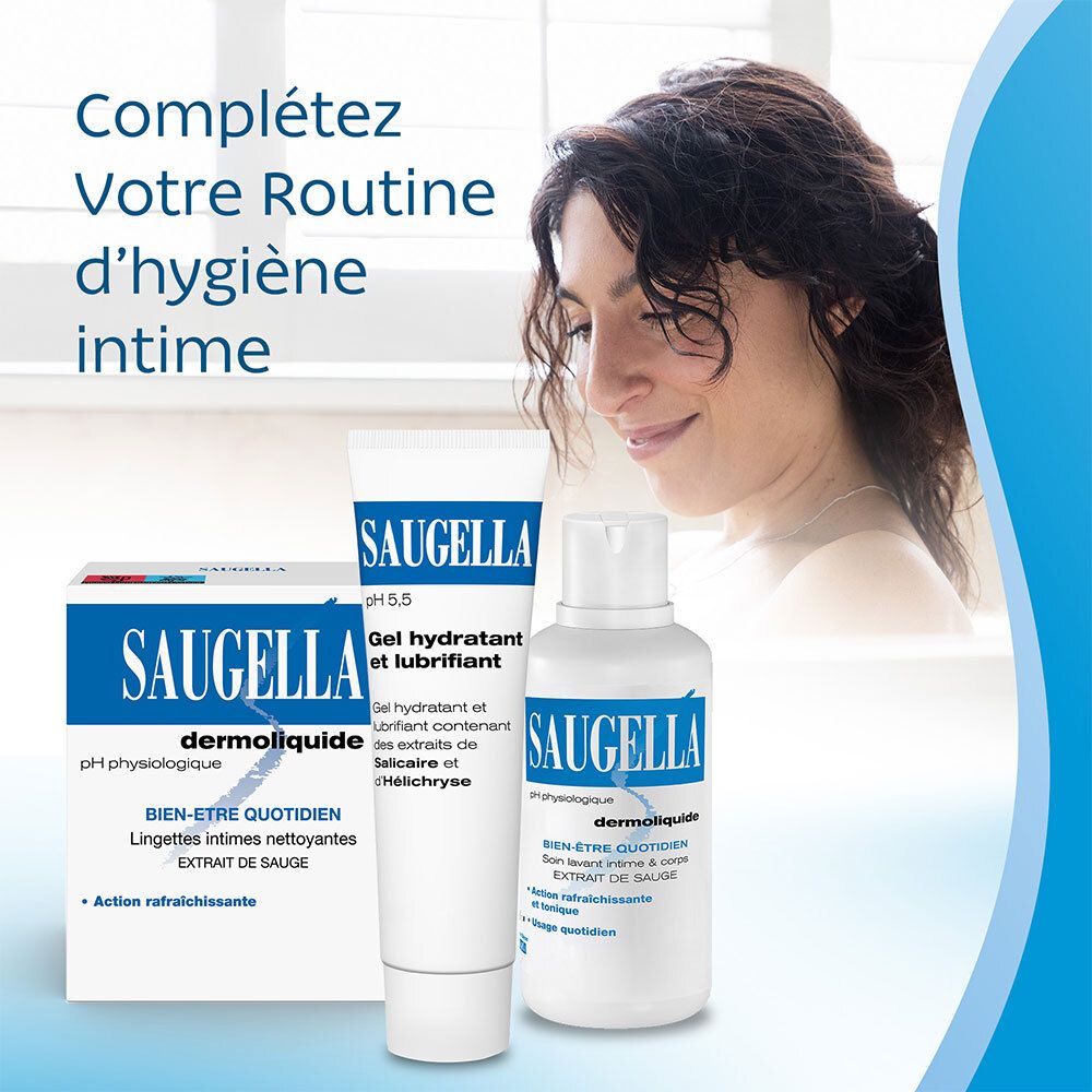 Productset. Witte tube, doos en fles. SAUGELLA-logo. Tekst: Gel hydratant et lubrifiant. pH 5,5.