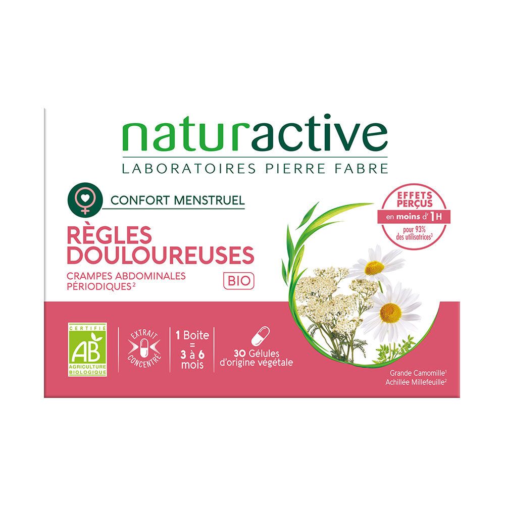 Schachtel mit Kapseln. Aufschrift: Règles Douloureuses Bio. Mit Kamille und Schafgarbe.