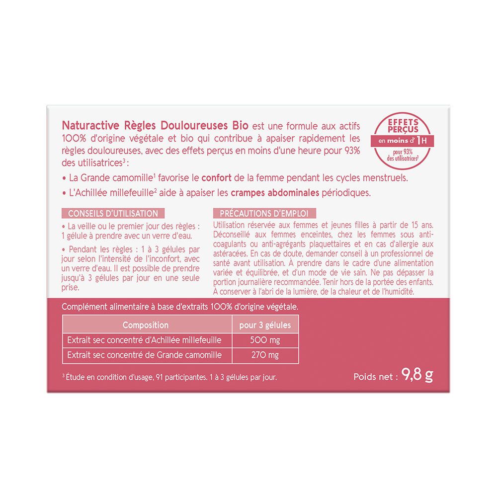 Rückseite der Schachtel Règles Douloureuses Bio. Informationen zu Inhaltsstoffen und Anwendung.