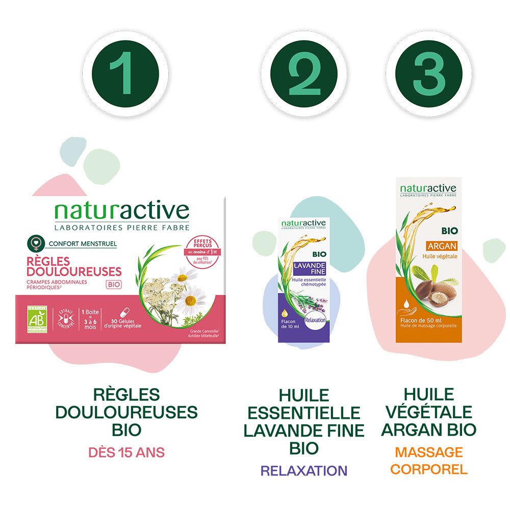 Drei Produkte: Règles Douloureuses Bio, ätherisches Lavendelöl, Argan-Pflanzenöl.