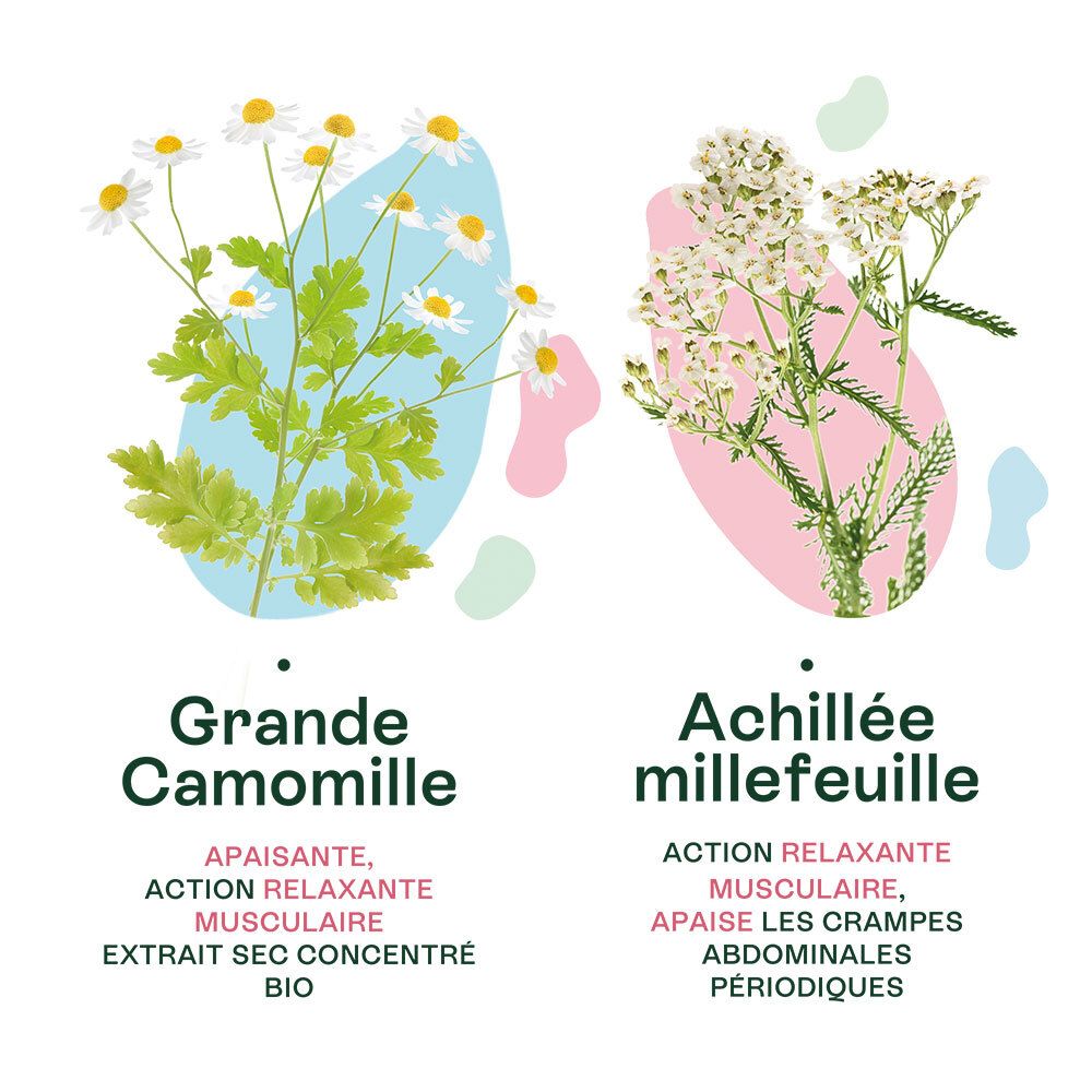 Illustrationen von Kamille und Schafgarbe. Text: beruhigend, entspannend, Muskelentspannung.
