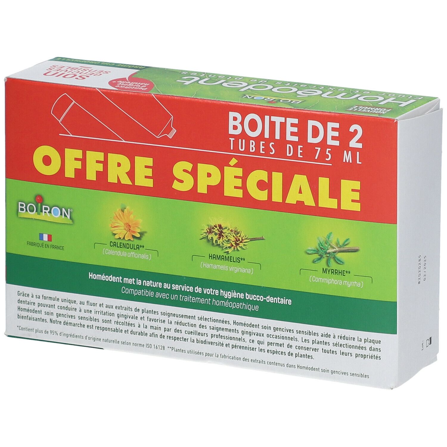 Boîte de dentifrice Homéodent. Contient 2 tubes. Extraits de plantes. Texte: Offre Spéciale, Homéodent.