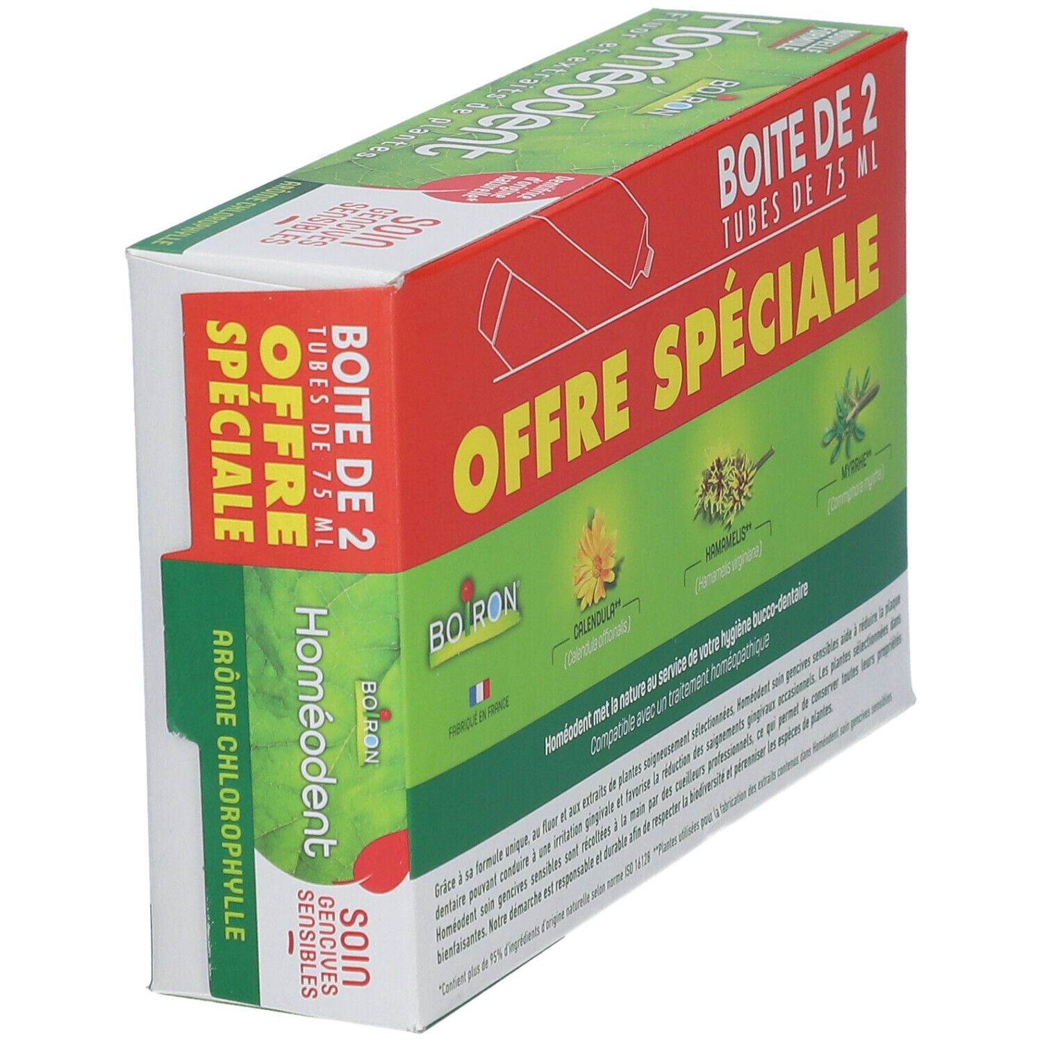 Boîte de dentifrice Homéodent. Contient 2 tubes. Texte: Offre Spéciale, Homéodent, Soin gencives sensibles.