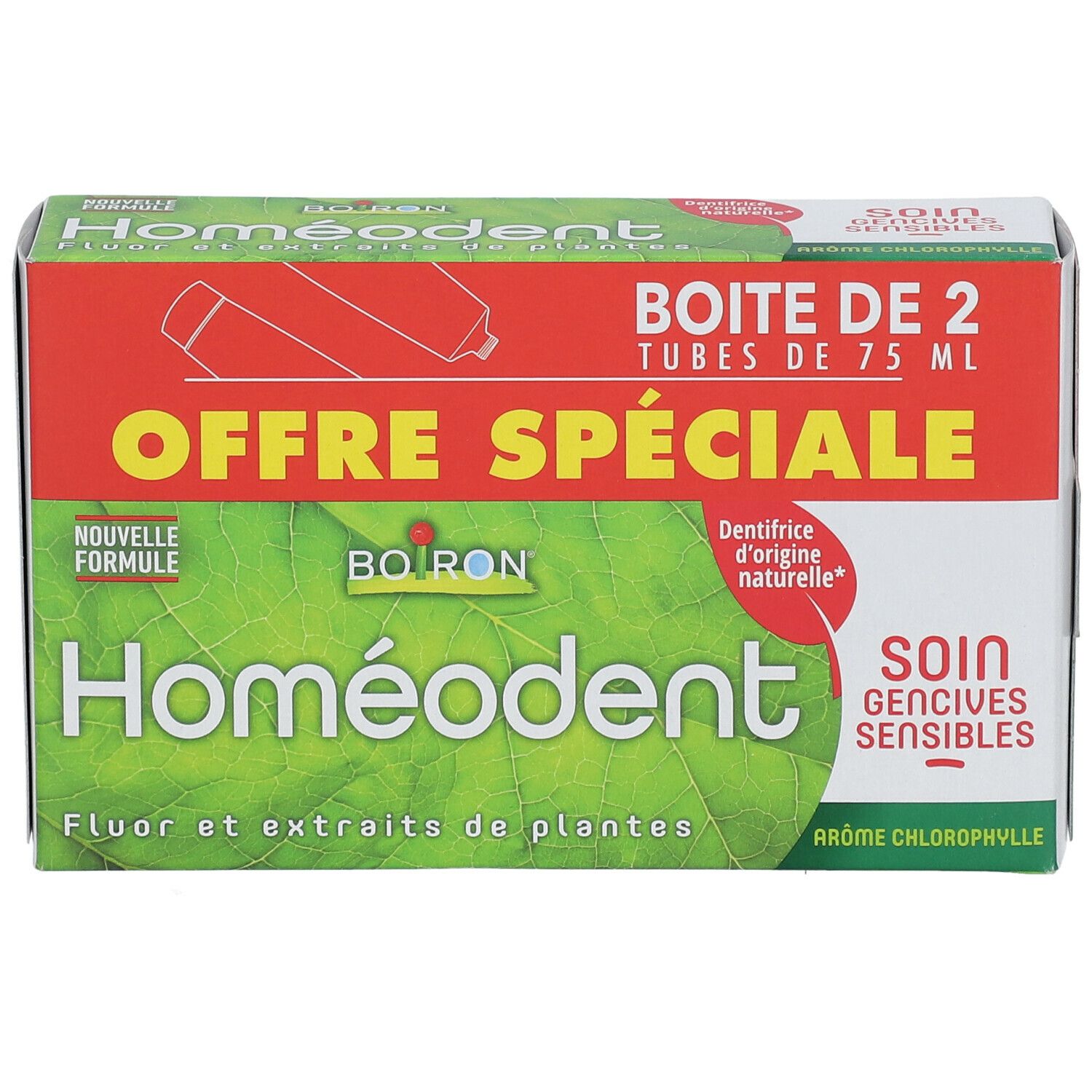 Boîte de dentifrice Homéodent. Contient 2 tubes. Texte: Offre Spéciale, Homéodent, Soin gencives sensibles.