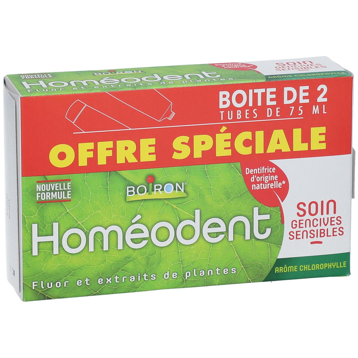Boîte de dentifrice Homéodent. Contient 2 tubes. Texte: Offre Spéciale, Homéodent, Soin gencives sensibles.