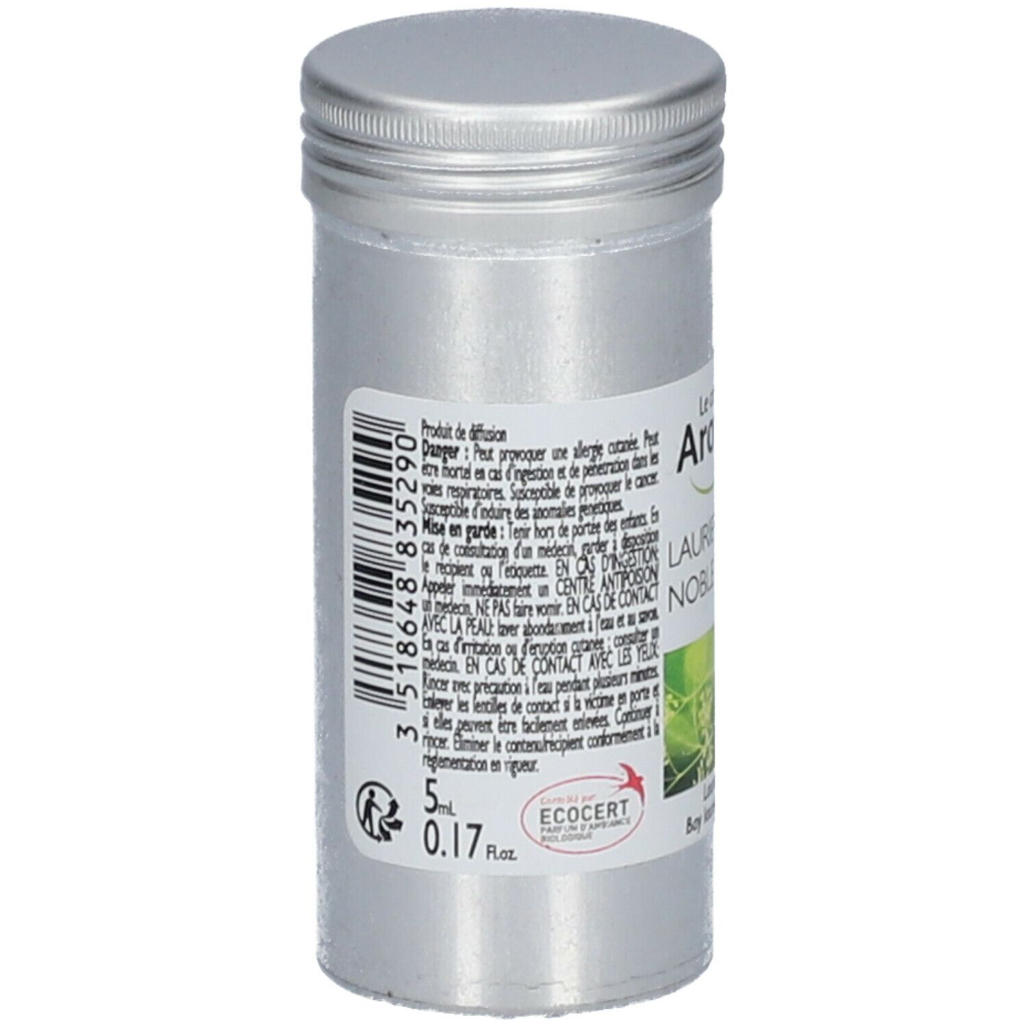 Flacon cylindrique en métal. Étiquette avec informations produit et code-barres. Certification Ecocert.