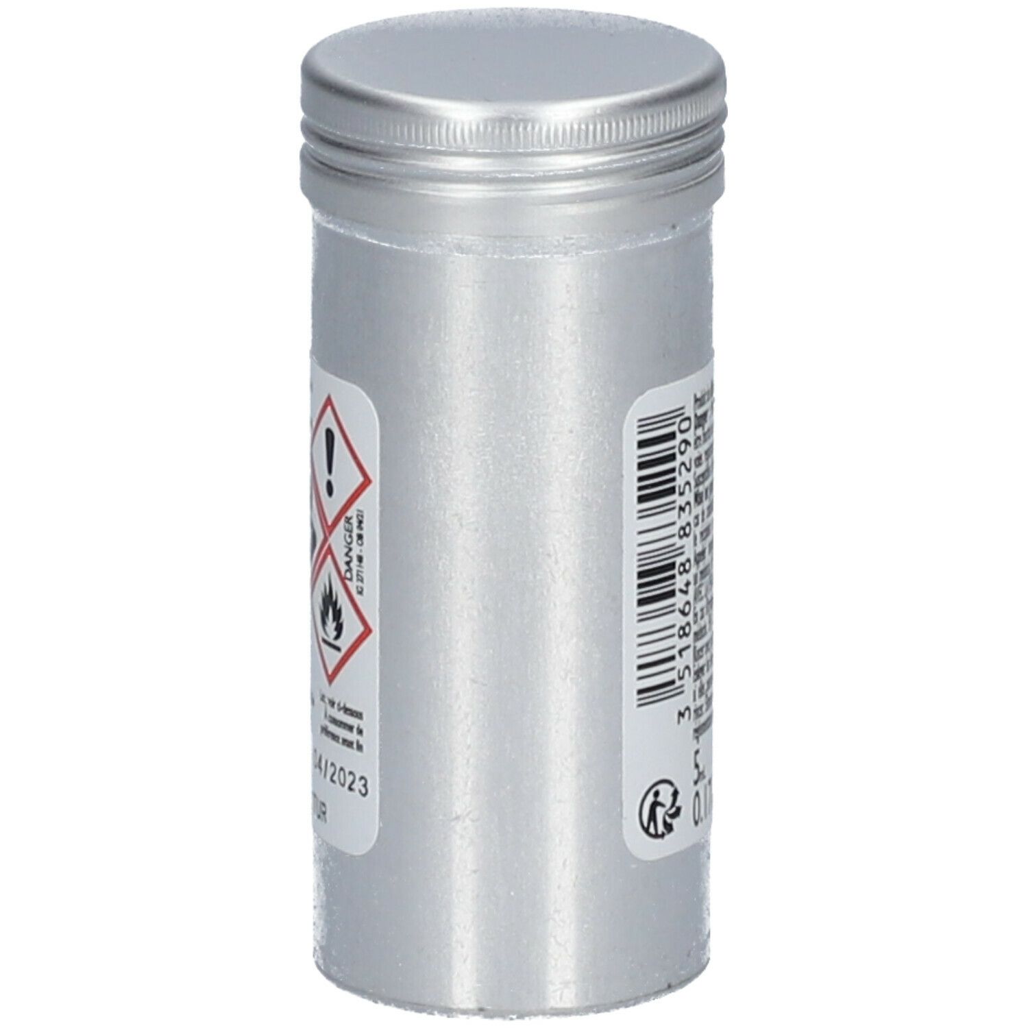 Flacon cylindrique en métal. Étiquette avec symboles de danger et code-barres. Contient 5 ml.