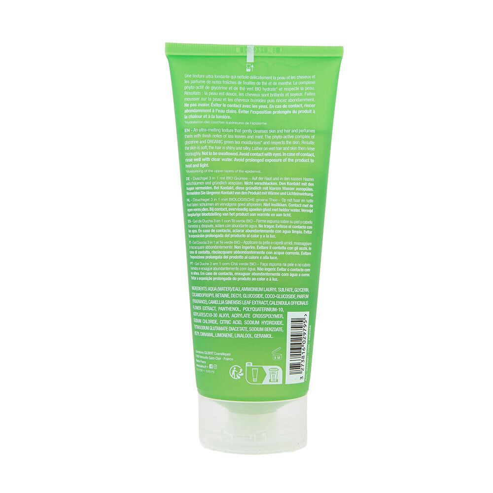 Rückseite einer grünen Tube mit Text. Enthält Informationen über das Produkt, Inhaltsstoffe und Hersteller. Mit grüner Schrift.