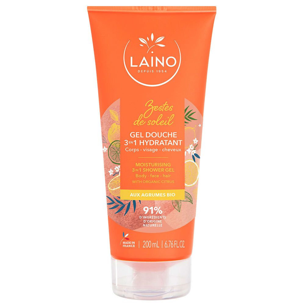 Orangefarbene Tube mit Produktaufdruck. LAINO-Logo, Produktname und 3-in-1-Hinweis. Mit Zitrusfrüchte-Illustrationen und 91% natürlichen Inhaltsstoffen.