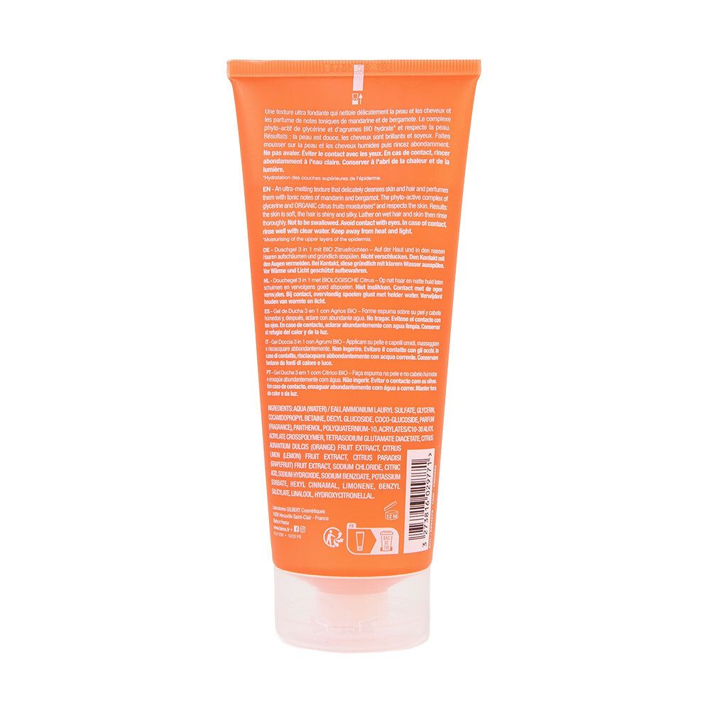 Rückseite einer orangefarbenen Tube. Text in mehreren Sprachen, Inhaltsstoffe und Herstellerinformationen. Barcode und Recycling-Symbole.