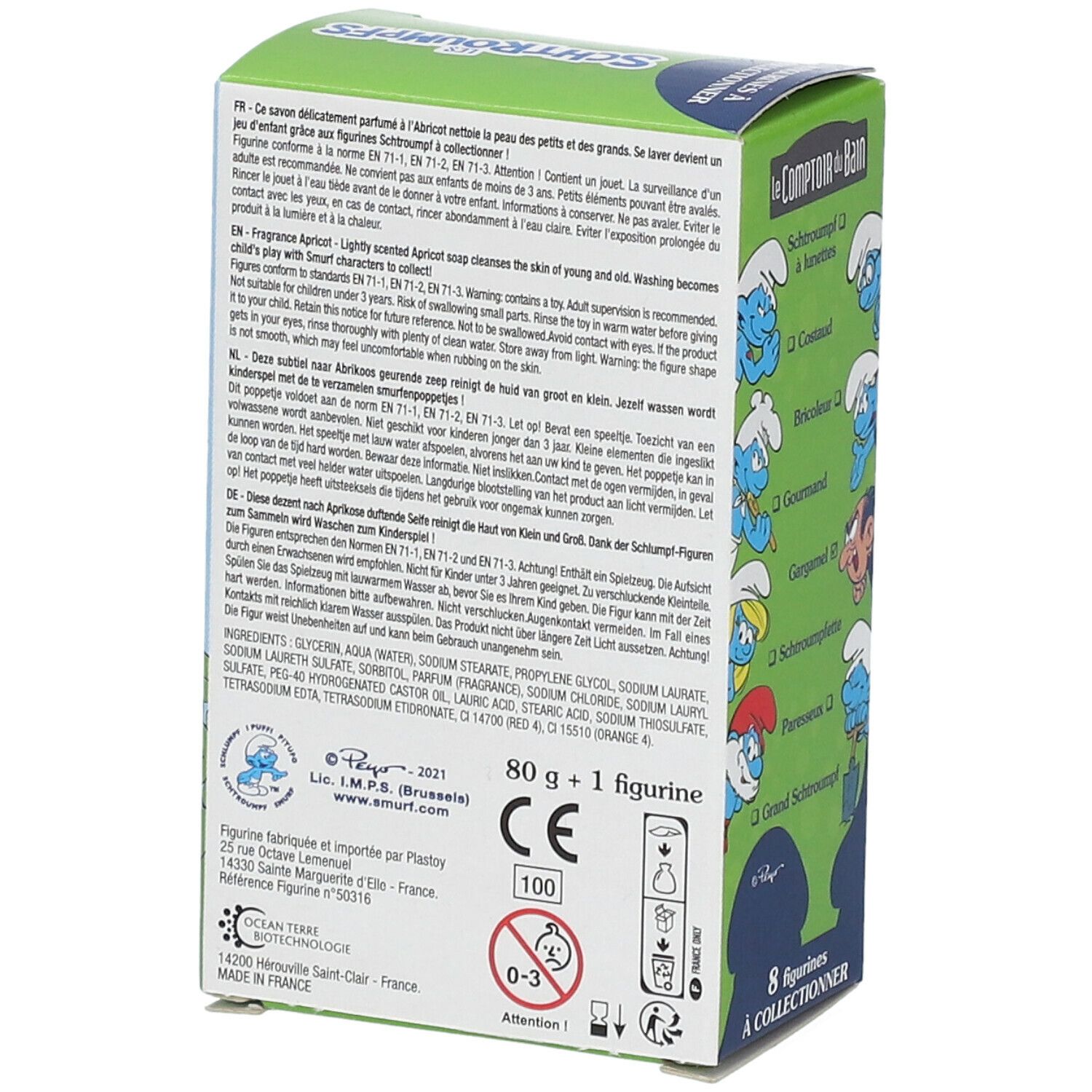 Rückseite der Seifenverpackung. Text in mehreren Sprachen, Inhaltsstoffe, CE-Kennzeichnung, Illustrationen. 80g + 1 Figur.