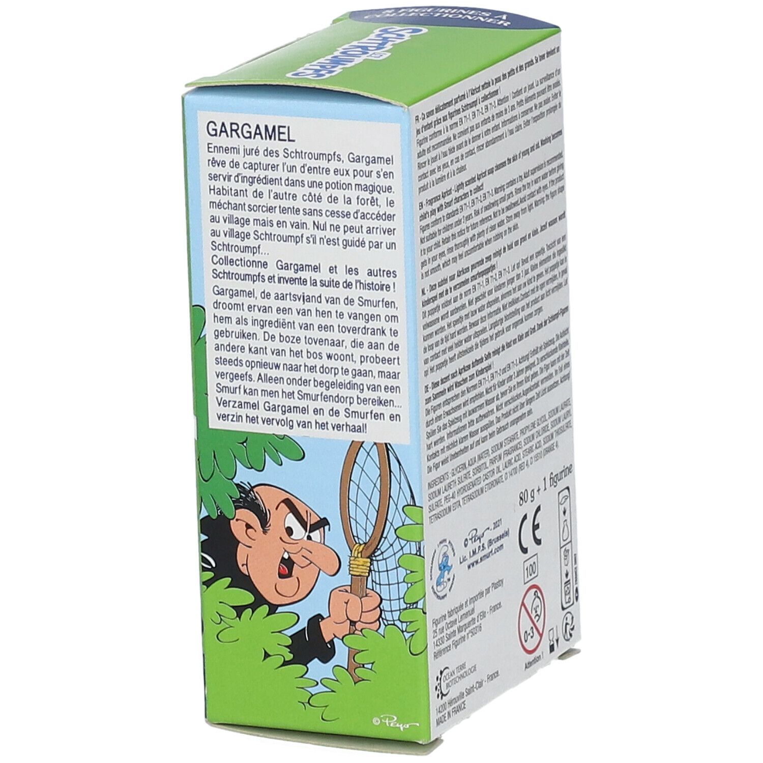 Seifenverpackung, Seitenansicht. Text und Illustrationen von Gargamel. Grüne und blaue Farben. Text in Französisch.