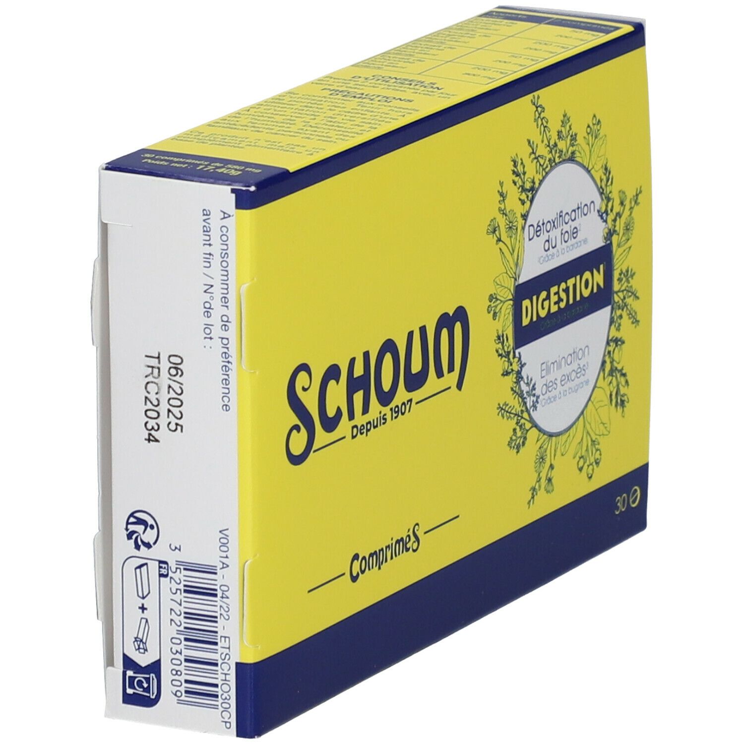 Boîte jaune et bleue. Inscription "Schoum" et "Comprimés". Texte "Digestion". Date de péremption 06/2025.