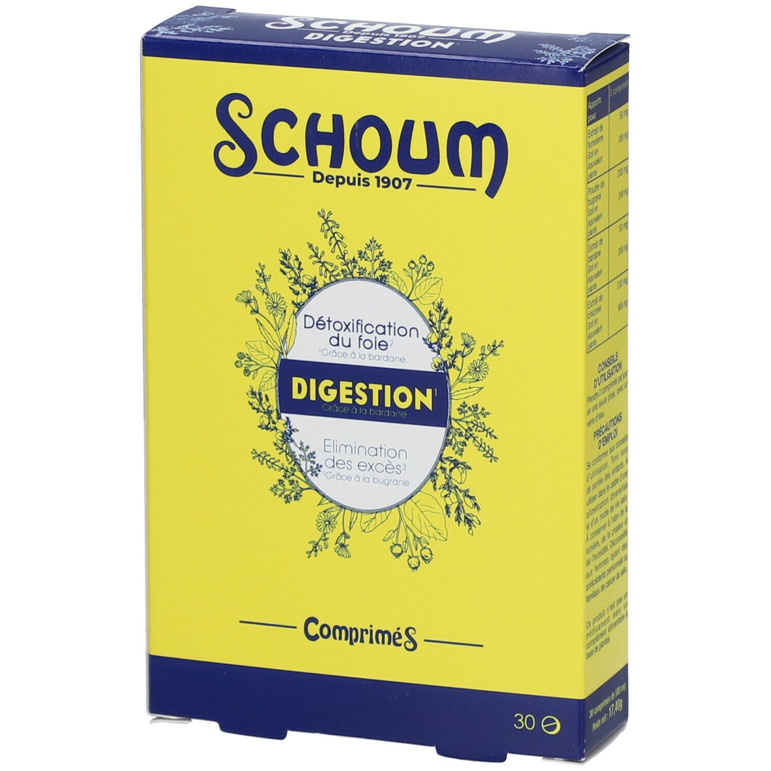 Boîte jaune et bleue. Inscription "Schoum" et "Comprimés". Texte "Digestion". 30 comprimés.