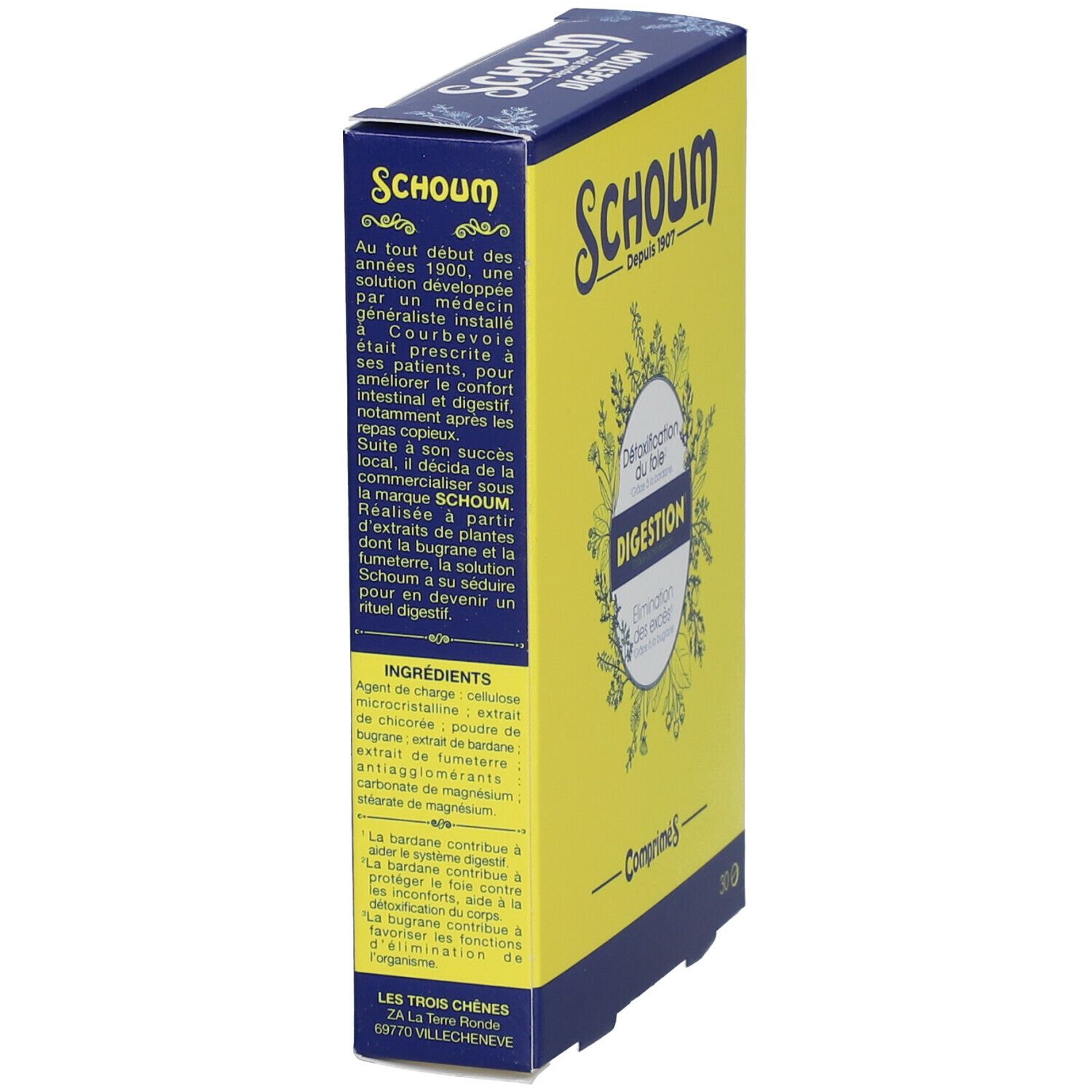 Boîte jaune et bleue. Inscription "Schoum" et "Comprimés". Texte "Digestion". Texte au dos.