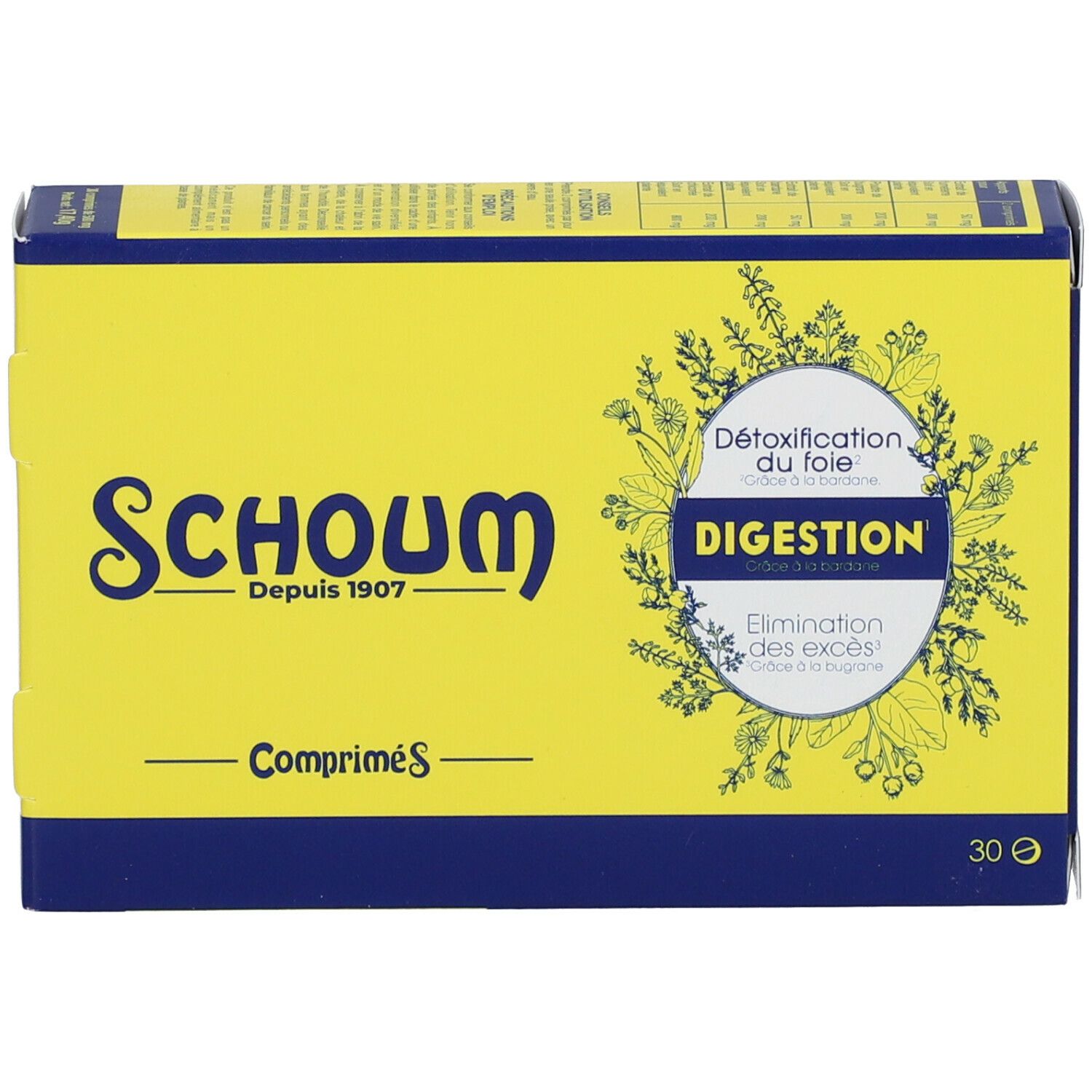 Boîte jaune et bleue. Inscription "Schoum" et "Comprimés". Texte "Digestion". 30 comprimés.