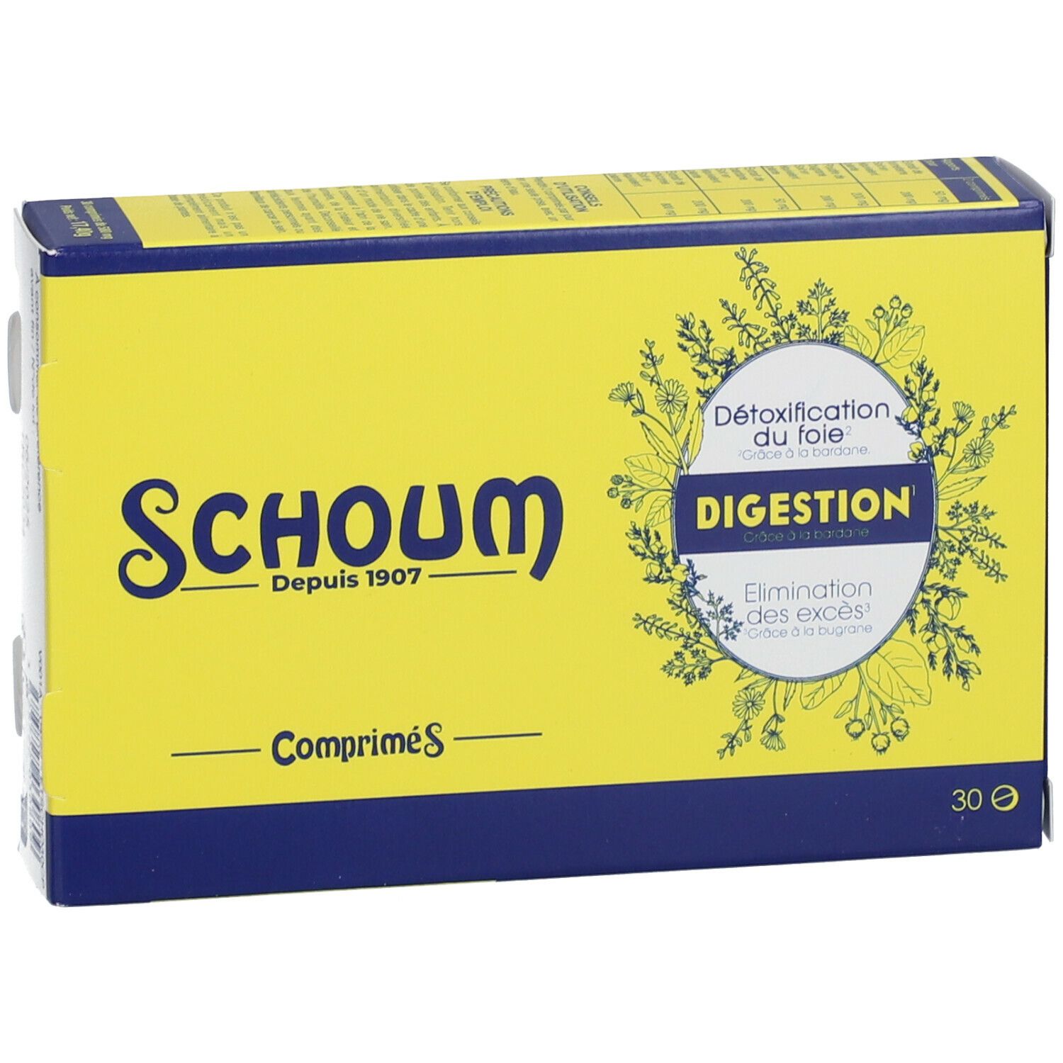Boîte jaune et bleue. Inscription "Schoum" et "Comprimés". Texte "Digestion". 30 comprimés.