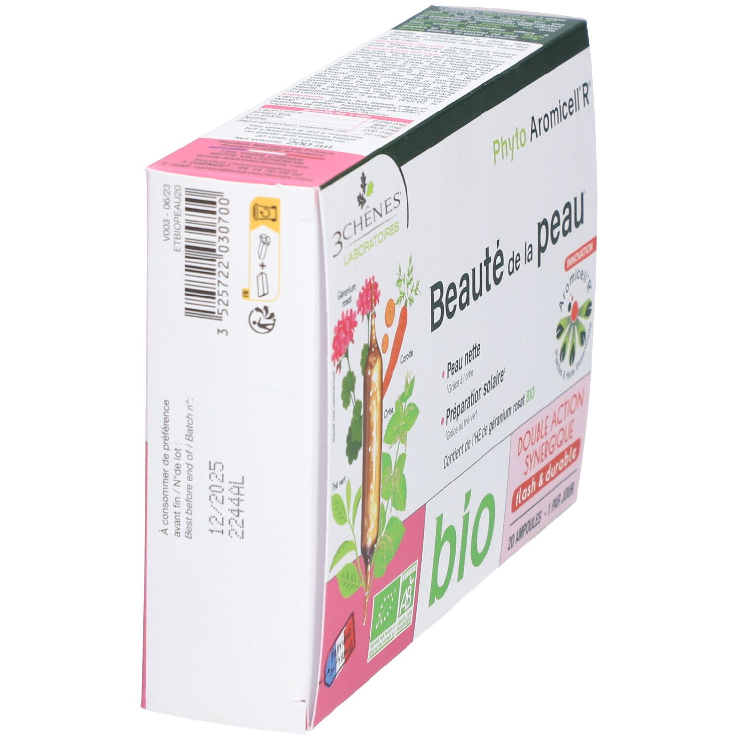 Vue latérale de la boîte LES 3 CHÊNES Phyto Aromicell'R® Beauté de la peau. Nom du produit et label bio.