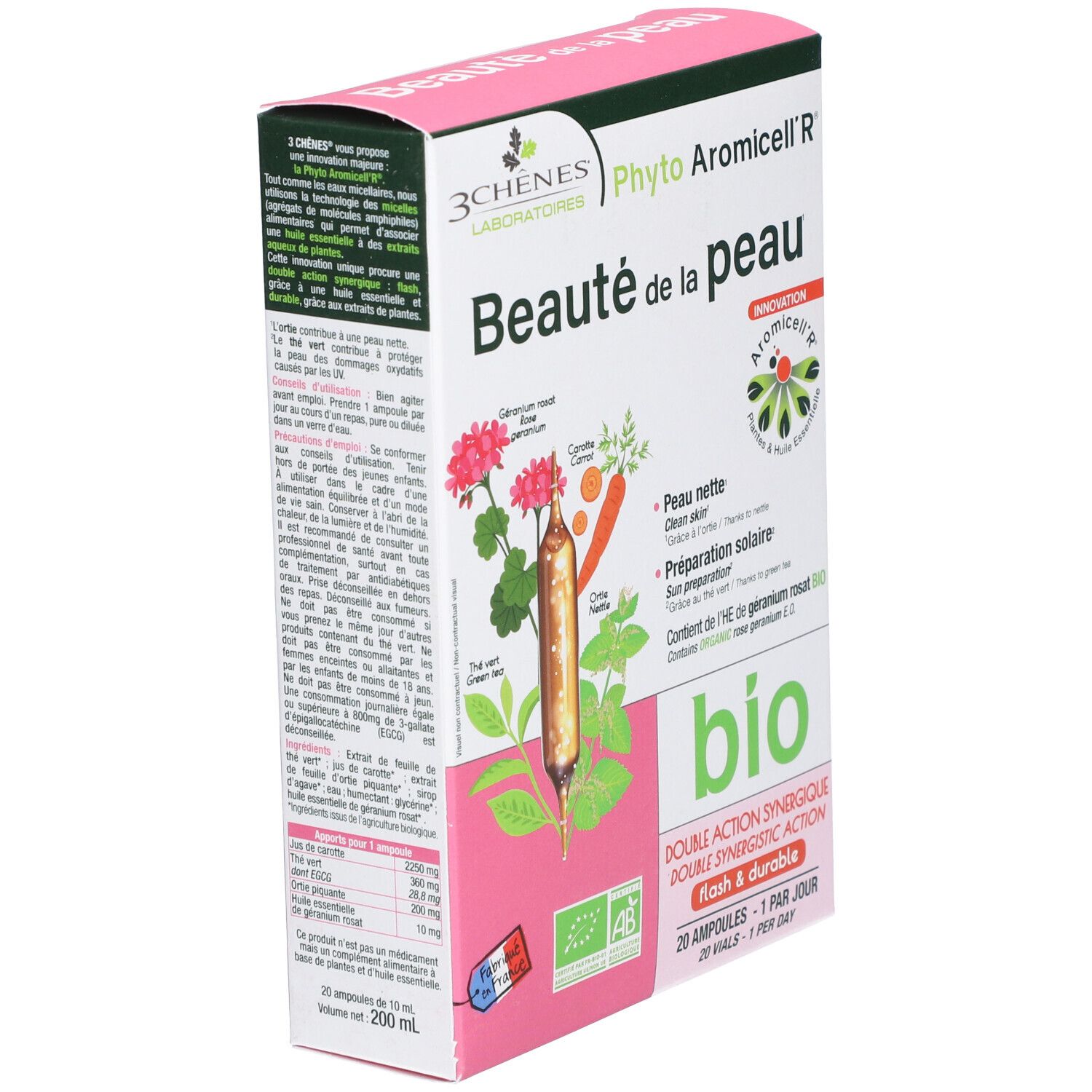 Boîte LES 3 CHÊNES Phyto Aromicell'R® Beauté de la peau. Inscription, illustrations et label bio.