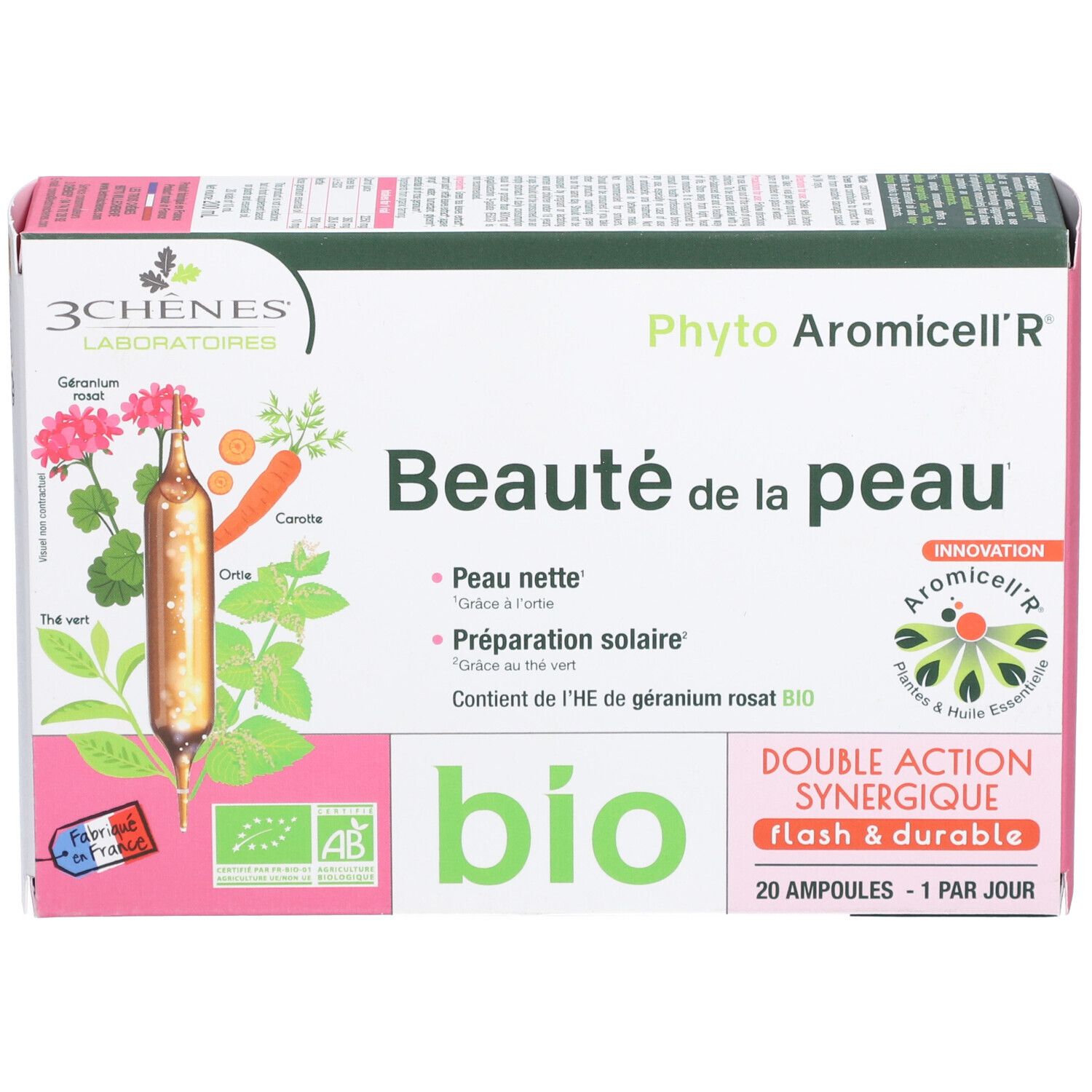 Boîte LES 3 CHÊNES Phyto Aromicell'R® Beauté de la peau. Inscription, illustrations et label bio.