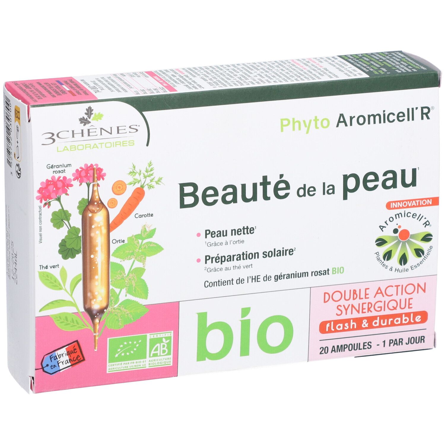 Boîte LES 3 CHÊNES Phyto Aromicell'R® Beauté de la peau. Inscription, illustrations et label bio.