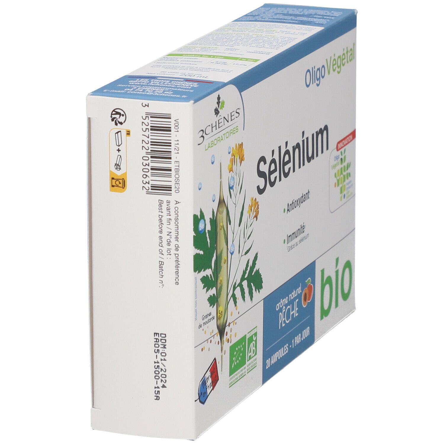 Schrägansicht der Les 3 Chênes® Selen-Verpackung. Aufschrift: Sélénium, Oligo Végétal, Bio. Enthält 20 Ampullen. Mit AB-Bio-Siegel.