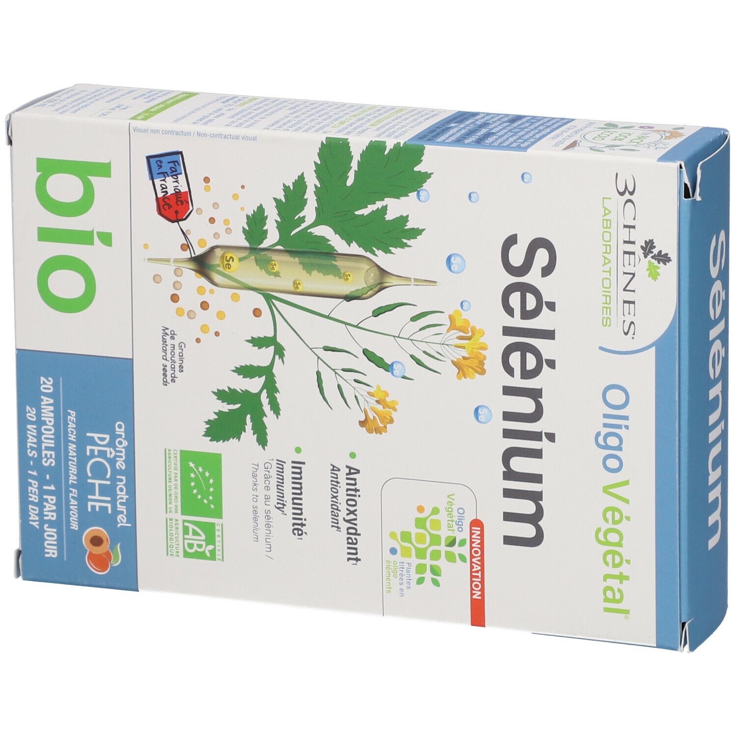 Kartonverpackung von Les 3 Chênes® Selen. Aufschrift: Sélénium, Oligo Végétal, Bio. Enthält 20 Ampullen. Mit AB-Bio-Siegel.