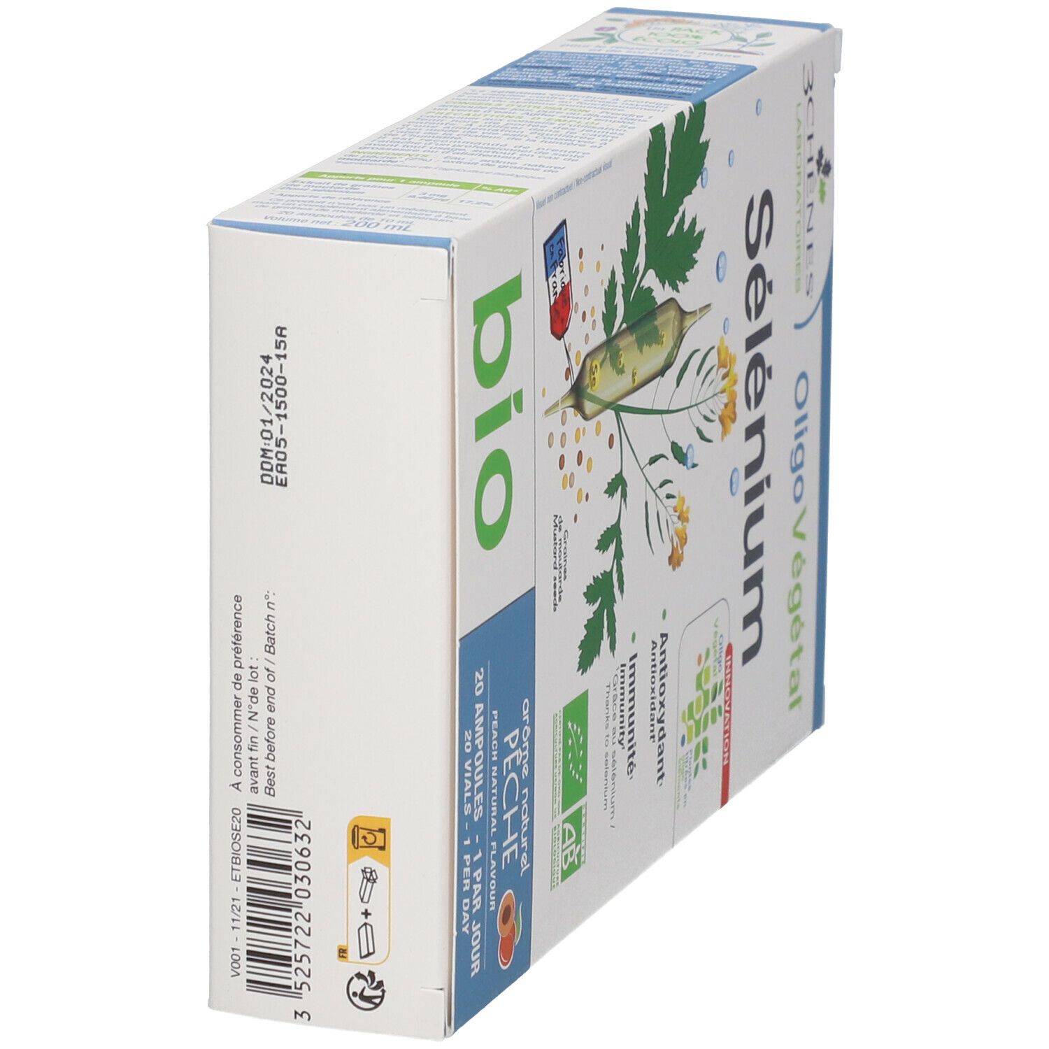 Schrägansicht der Les 3 Chênes® Selen-Verpackung. Aufschrift: Sélénium, Oligo Végétal, Bio. Enthält 20 Ampullen. Mit AB-Bio-Siegel.