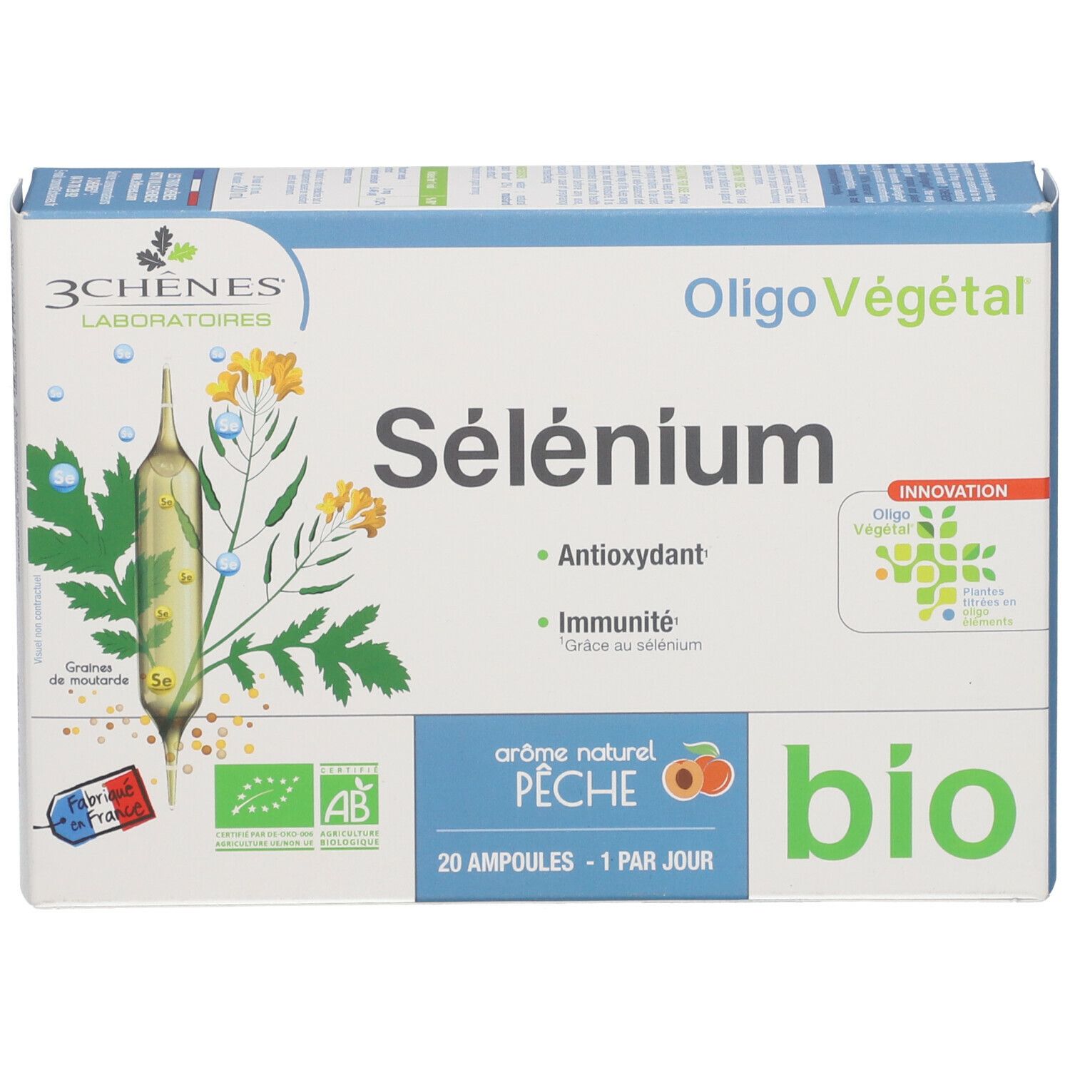 Kartonverpackung von Les 3 Chênes® Selen. Aufschrift: Sélénium, Oligo Végétal, Bio. Enthält 20 Ampullen. Mit AB-Bio-Siegel.