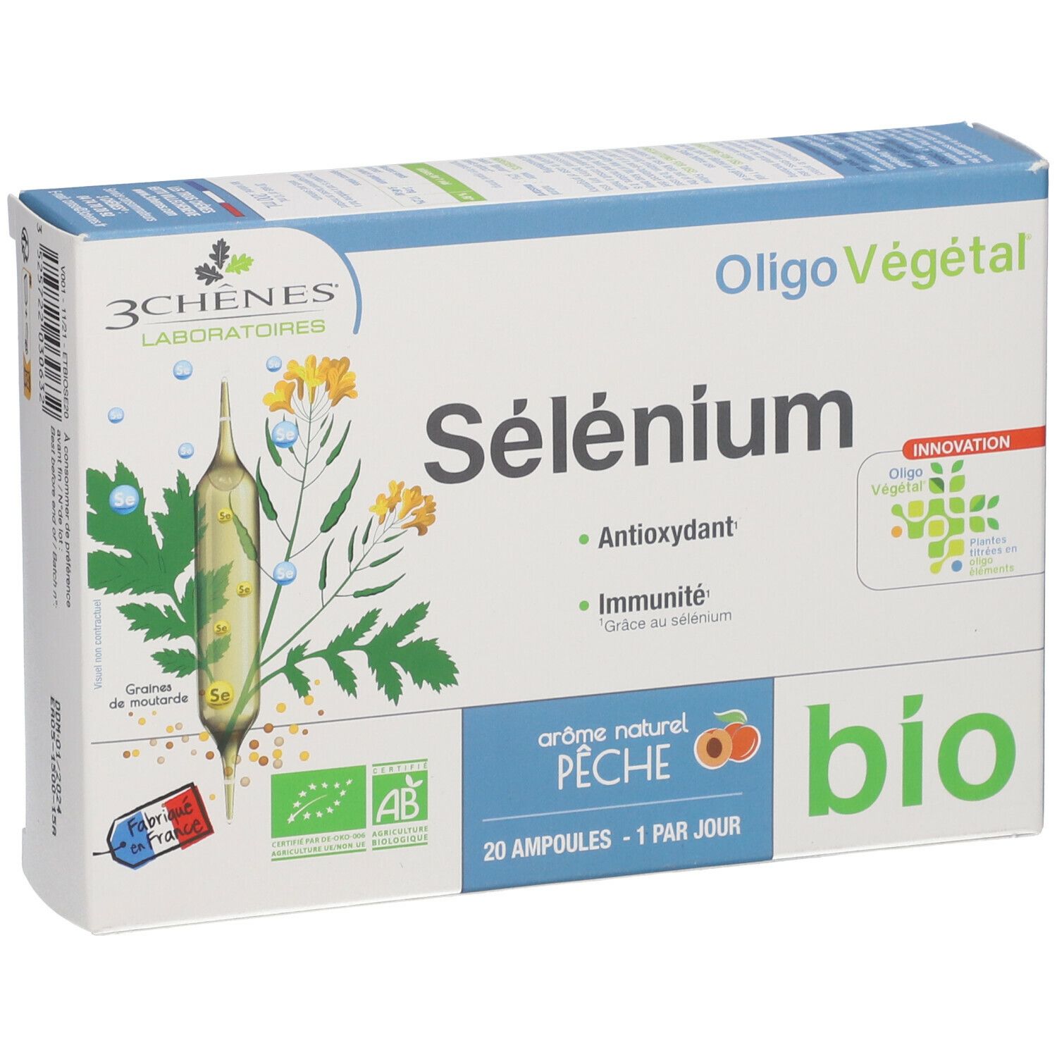 Kartonverpackung von Les 3 Chênes® Selen. Aufschrift: Sélénium, Oligo Végétal, Bio. Enthält 20 Ampullen. Mit AB-Bio-Siegel.
