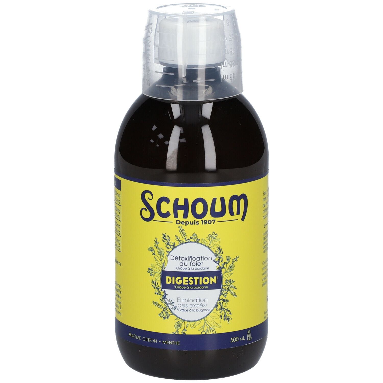 Bouteille de liquide brun avec étiquette jaune. Inscription : Schoum, Digestion.