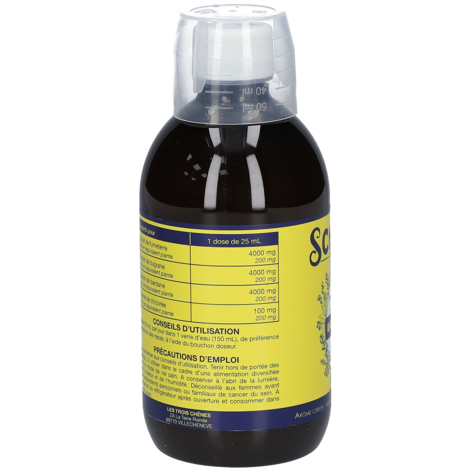Dos de la bouteille avec étiquette jaune. Contient des informations sur les ingrédients et le dosage.