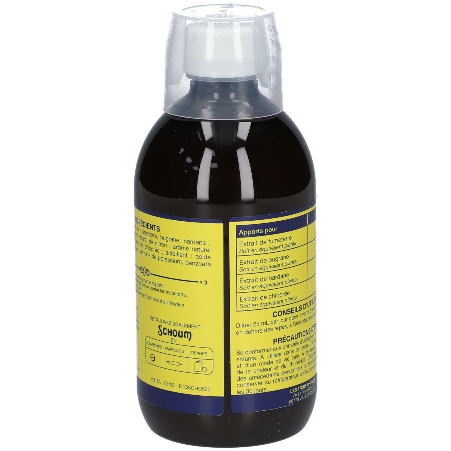 Dos de la bouteille avec étiquette jaune. Contient des informations sur les ingrédients et l'utilisation.