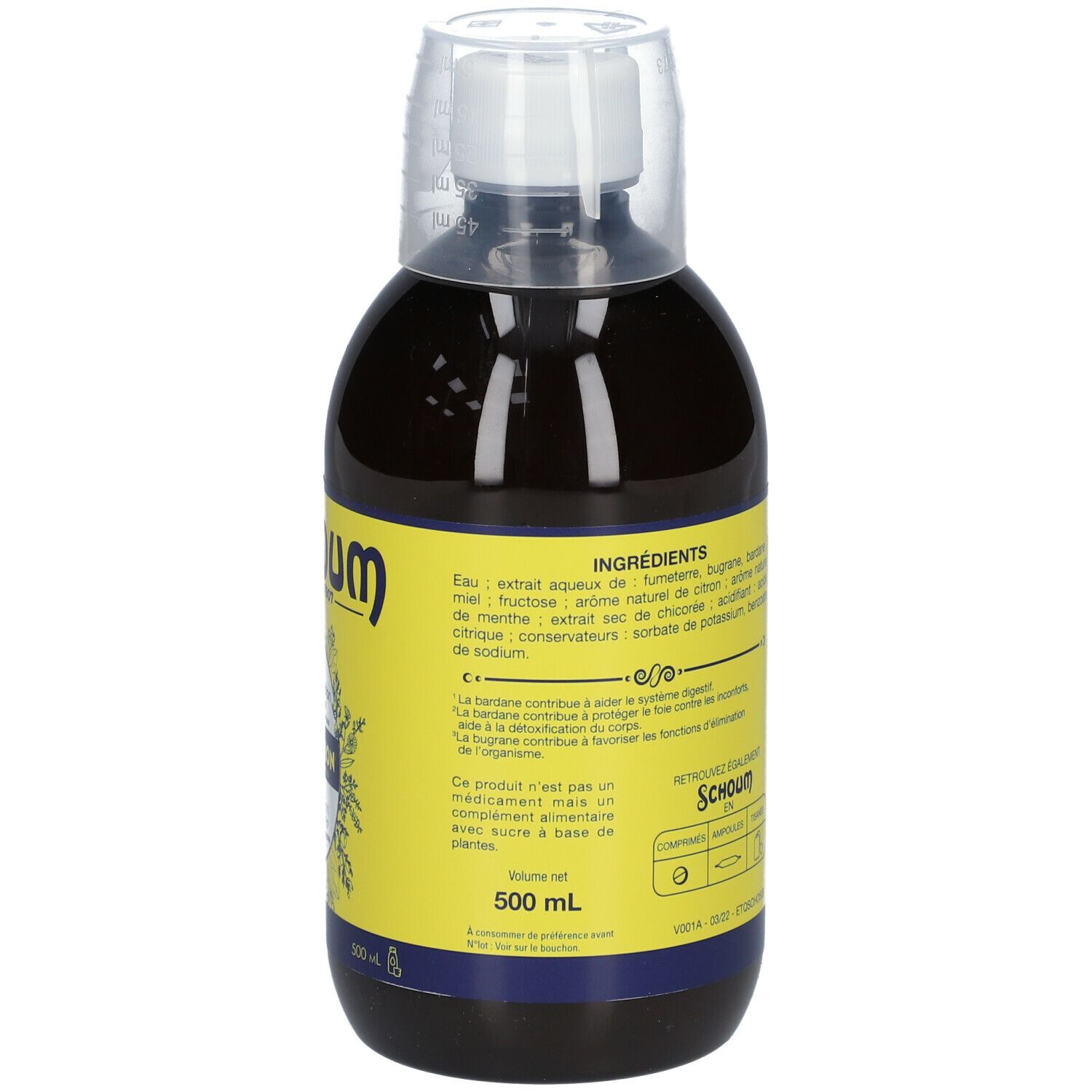 Bouteille avec étiquette jaune. Contient des informations sur les ingrédients et le volume.