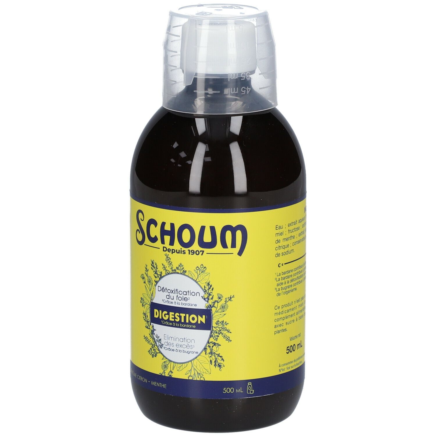 Bouteille avec étiquette jaune. Inscription : Schoum, Digestion, 500 ml.