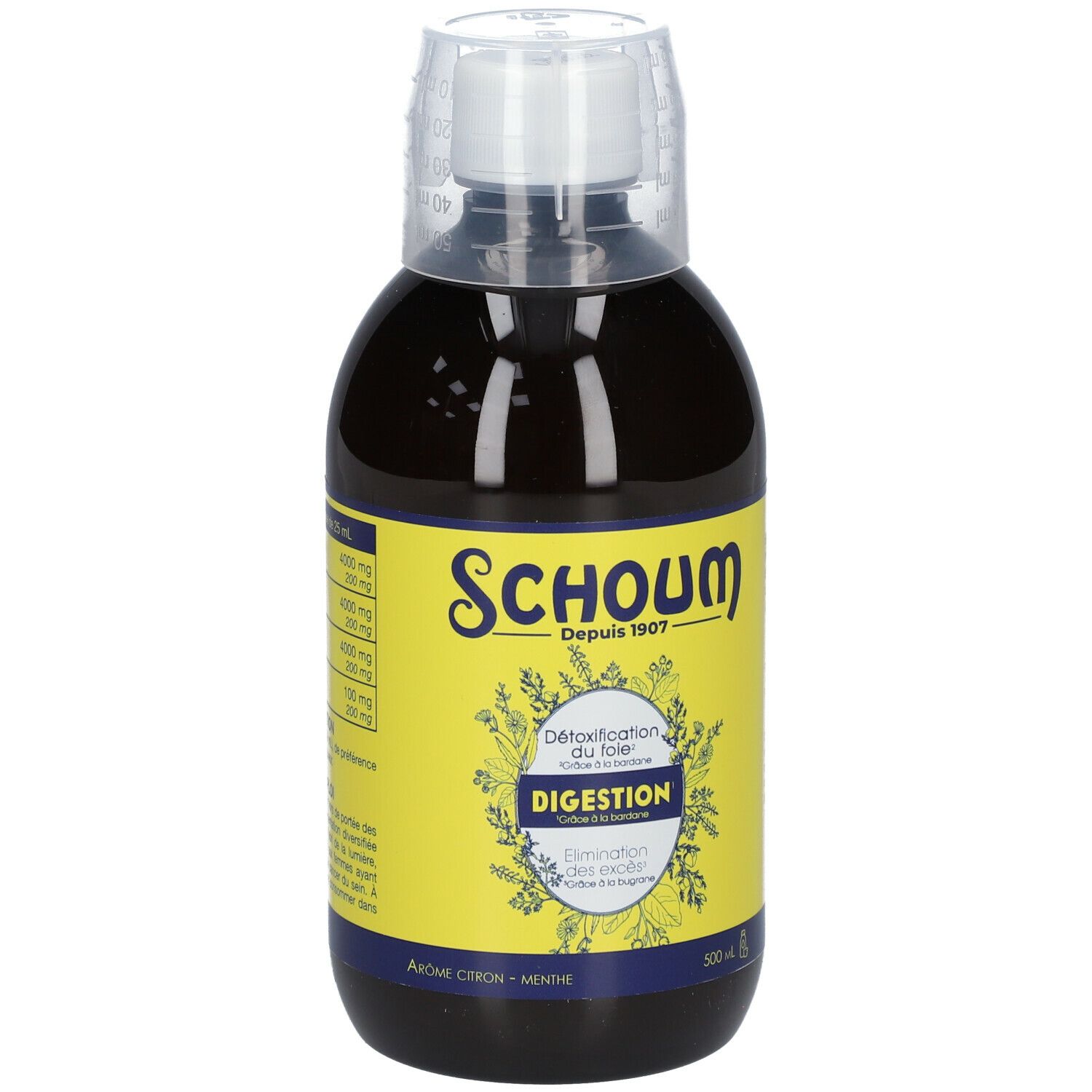 Bouteille avec étiquette jaune. Inscription : Schoum, Digestion, 500 ml.