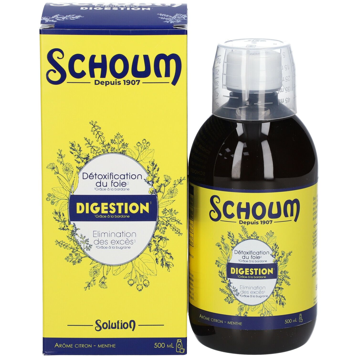 Bouteille et boîte avec étiquette jaune. Inscription : Schoum, Digestion, 500 ml.