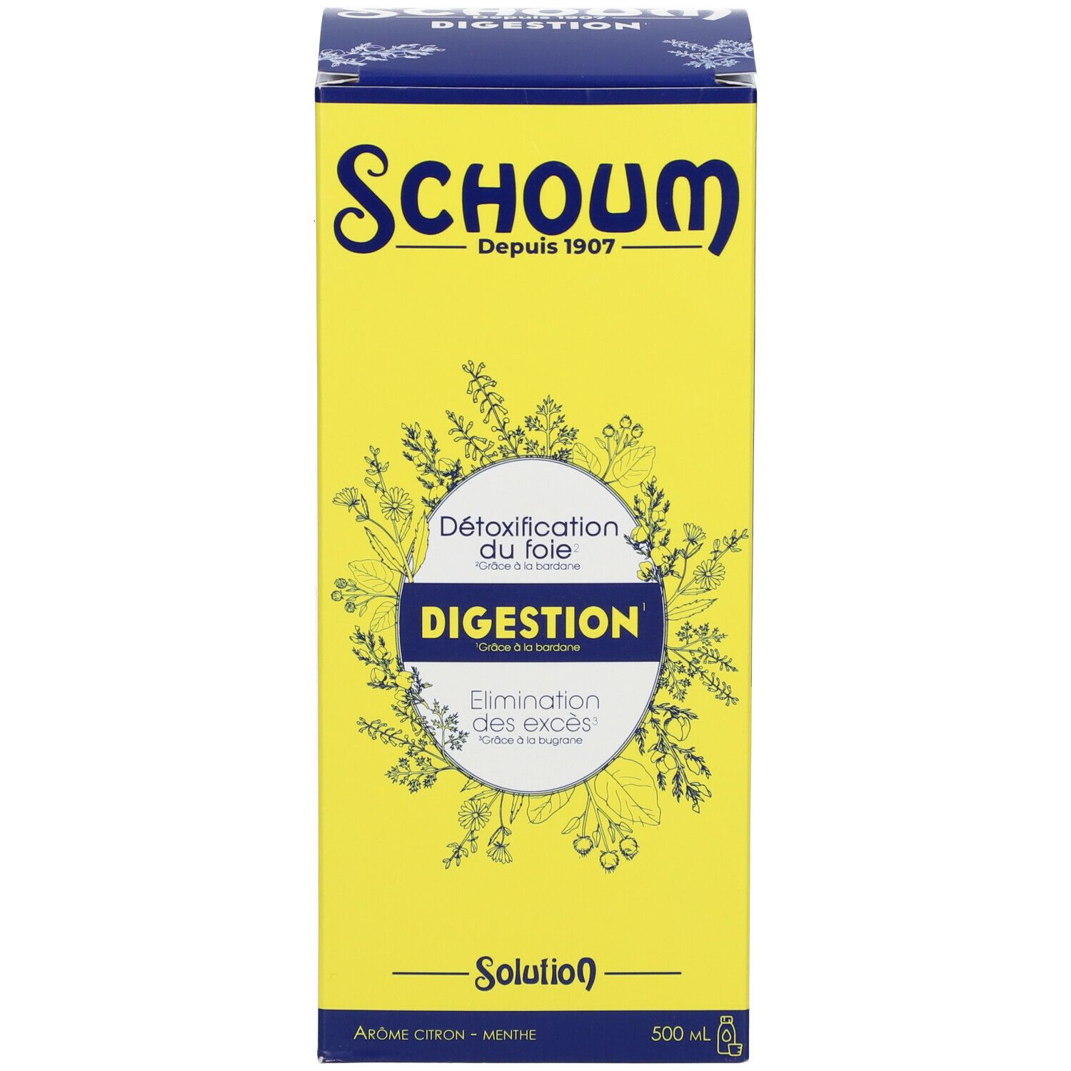 Boîte avec étiquette jaune. Inscription : Schoum, Digestion, 500 ml.