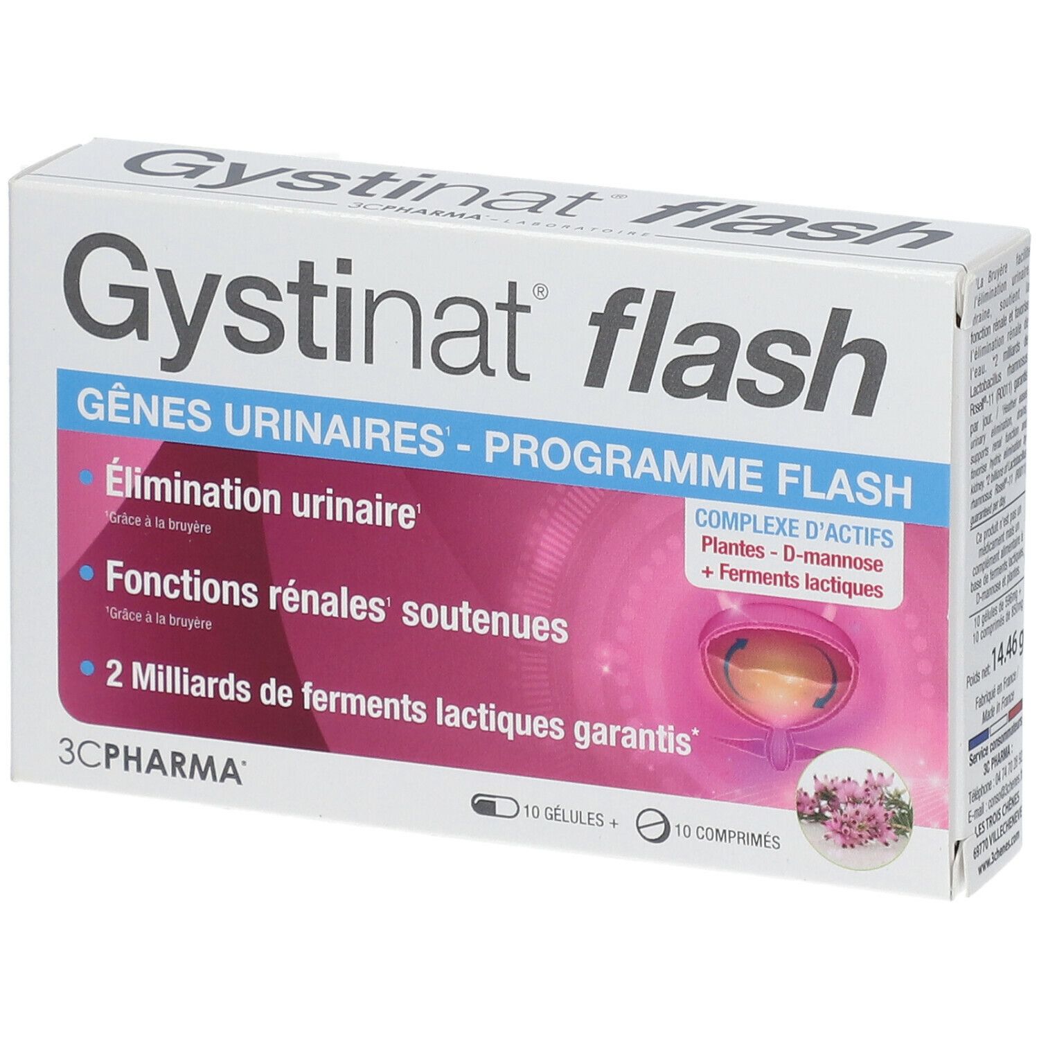 Boîte Gystinat flash. Contient 10 gélules et 10 comprimés. Inscription : Gènes urinaires - Programme Flash.