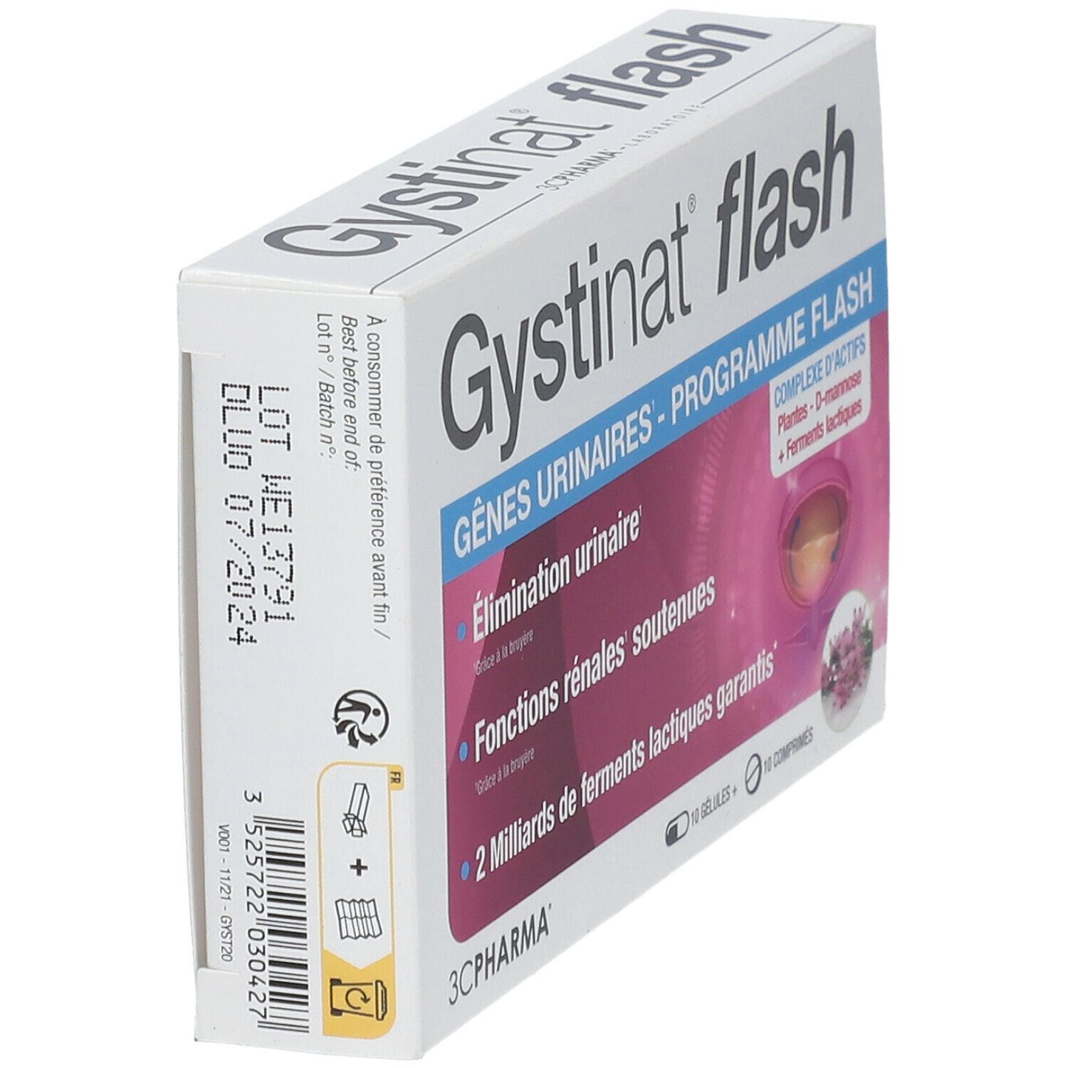Boîte Gystinat flash en biais. Contient 10 gélules et 10 comprimés. Inscription : Gènes urinaires - Programme Flash.