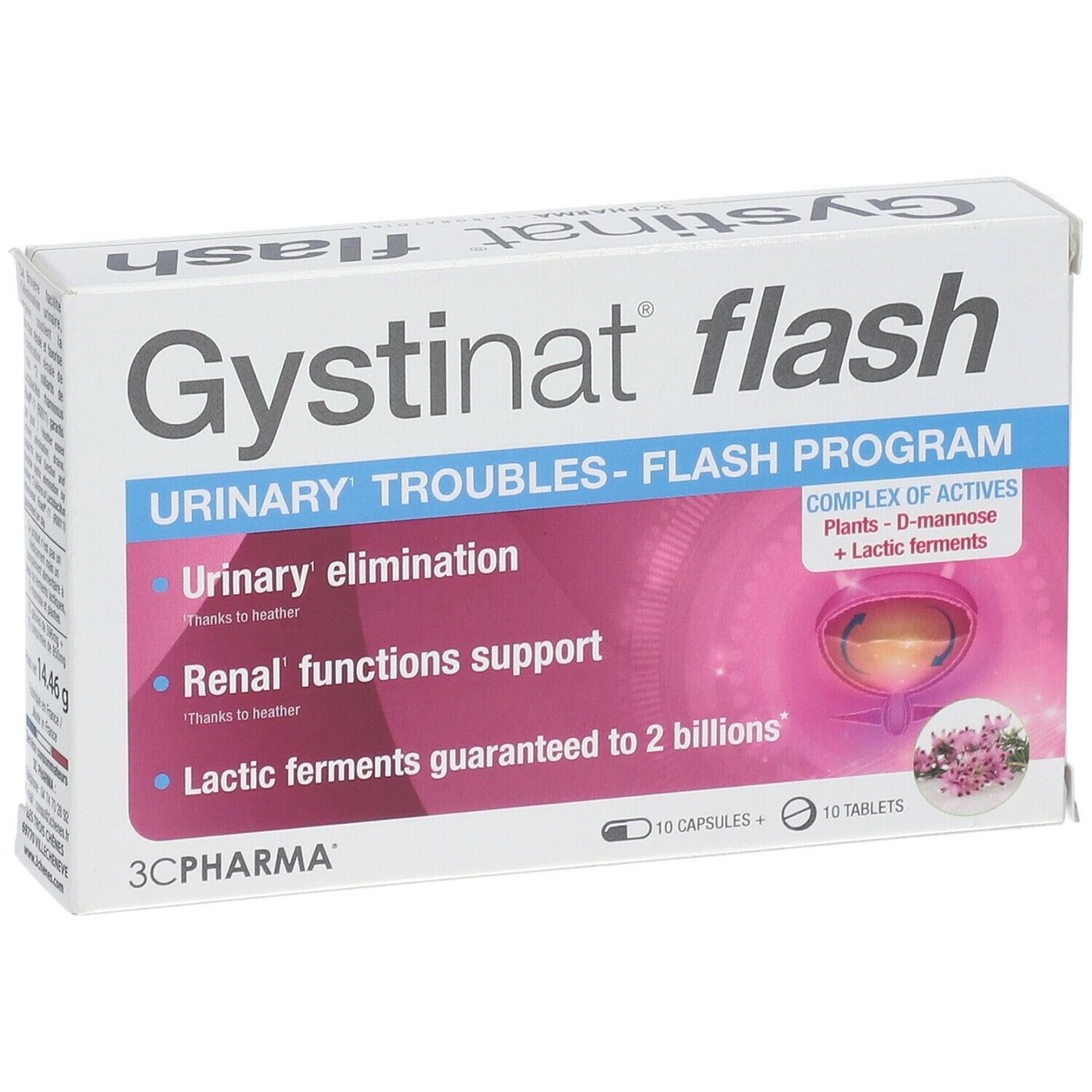 Boîte Gystinat flash. Contient 10 gélules et 10 comprimés. Inscription : Urinary Troubles - Flash Program.
