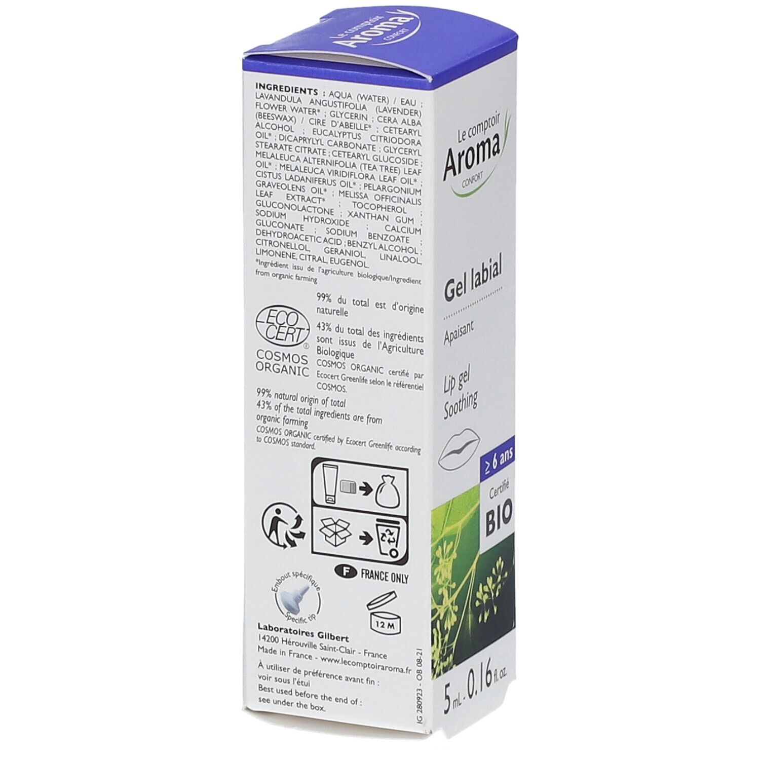 Rückseite der 'Le comptoir Aroma' Gel labial Verpackung. Zutatenliste, Zertifizierungen, Piktogramme. Hergestellt in Frankreich.